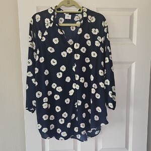 CAbi Navy and White Floral Button-Down Blouse